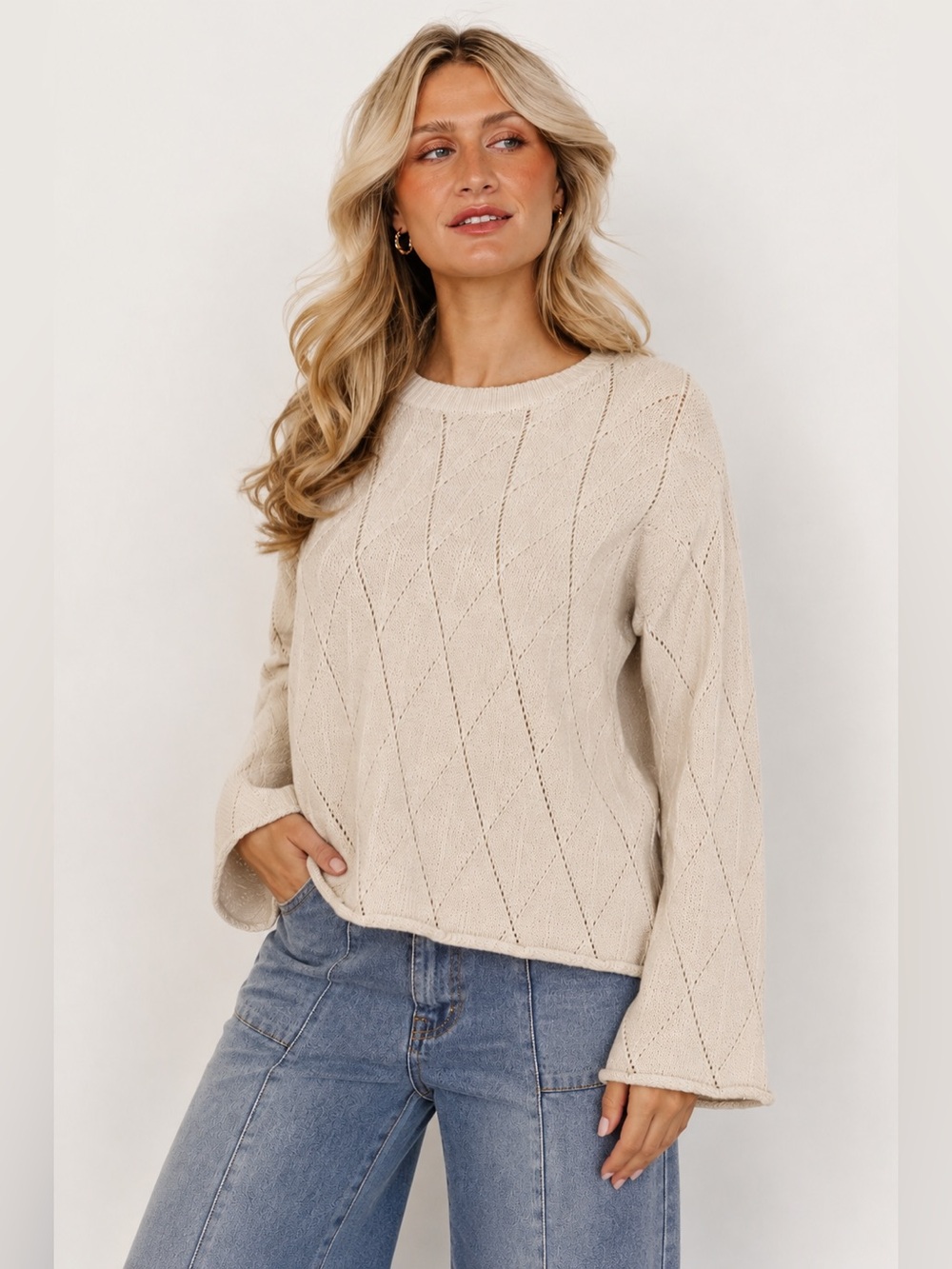 Baltic Born Diamond Open Knit Bell Sleeve Sweater Cream Women Size M